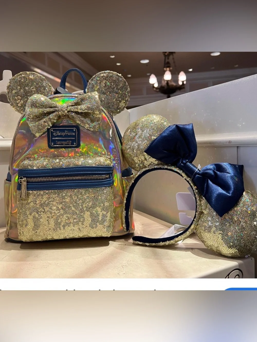 Loungefly Gold Sequin Holographic Mickey Ear Backpack with Navy Bow Headband